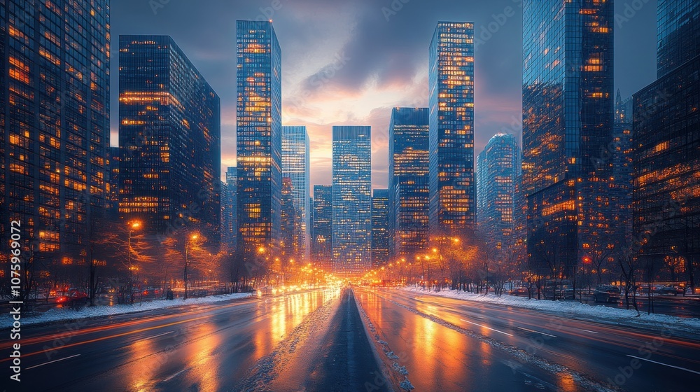Naklejka premium Cityscape with Snowy Street