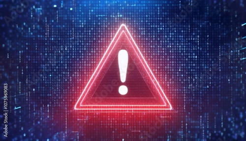 Cybersecurity Alert: A Glowing Red Warning Triangle with an Exclamation Mark on a Digital Background