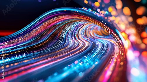 A vivid stream of multicolored light trails flows dynamically, creating a vibrant and energetic abstract visual experience.