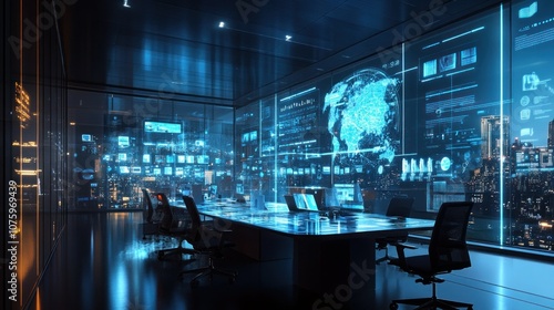 Futuristic Office Interior with Cityscape and Digital Displays