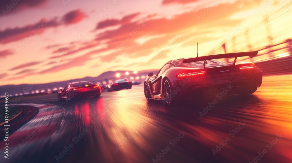 Race Cars Blurred in Motion on a Racetrack at Sunset Race Cars Blurred in Motion on a Racetrack at Sunset