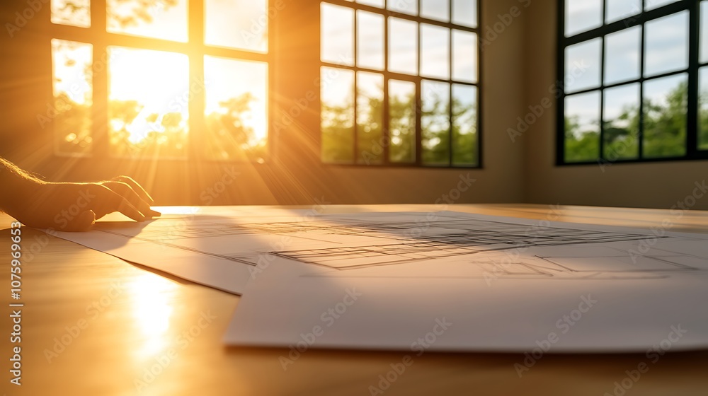 A hand rests on blueprints as sunlight streams through large windows, illuminating a workspace filled with ideas and creativity. A hand rests on blueprints as sunlight streams through large windows, illuminating a workspace filled with ideas and creativity.