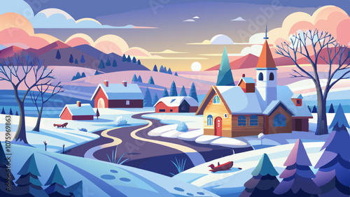 A winter scene with a house and a church in the background