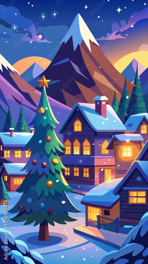 A Christmas scene with a Christmas tree in the foreground A Christmas scene with a Christmas tree in the foreground