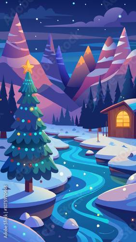 A Christmas tree is surrounded by mountains and a river