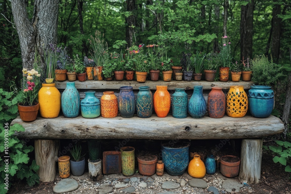 Fototapeta premium Colorful Pots in a Forest Setting