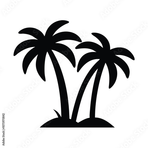 Silhouette of palm trees icon, Vector illustration of two palm trees in black silhouette style, representing tropical scenery, beach, and vacation themes.
