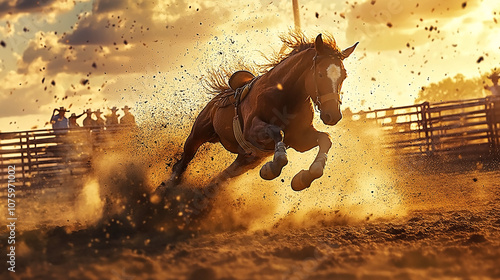 A bareback bronc racing in the dust in a rodeo arena photo