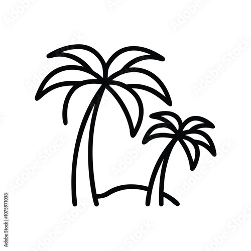 Silhouette of palm trees icon, Vector illustration of two palm trees in black silhouette style, representing tropical scenery, beach, and vacation themes.
