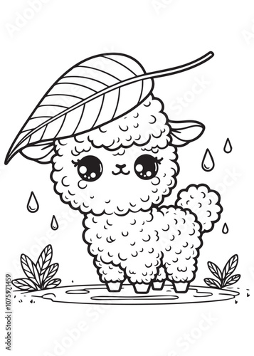 Coloring page cute alpaca under leaves rain