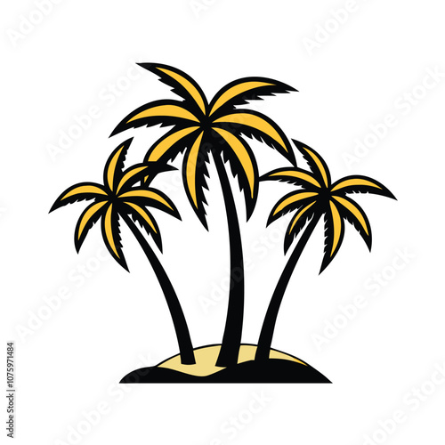 Tropical palm trees icon on sandy island, Vector illustration of three palm trees with yellow fronds and black trunks on a small sandy island, representing a tropical beach scene.
