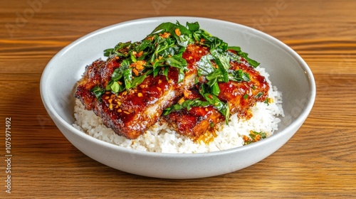 Delicious plate of rice topped with succulent grilled fish, vibrant green herbs, and flavorful seasoning, ideal for gourmet meal photography and food styling projects photo