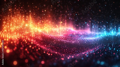 Abstract digital landscape with vibrant glowing particles.