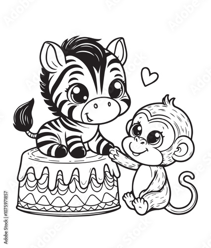 Coloring page cute monkey and zebra