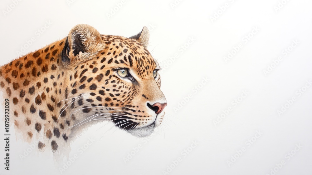 Fototapeta premium Majestic Leopard Portrait Against Minimalist Background Showcasing Detailed Features and Graceful Expression of Wild Big Cat in Natural Habitat