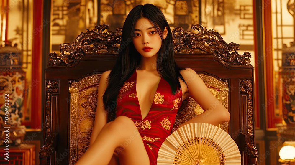 Elegant Asian Woman in Traditional Setting, Dressed in Red Dress with Intricate Details, Relaxing on Ornate Chair, Holding Fan in a Historic Interior Design Elegant Asian Woman in Traditional Setting, Dressed in Red Dress with Intricate Details, Relaxing on Ornate Chair, Holding Fan in a Historic Interior Design