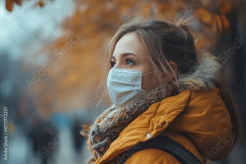 A woman in a yellow coat and medical mask contemplates the autumn surroundings