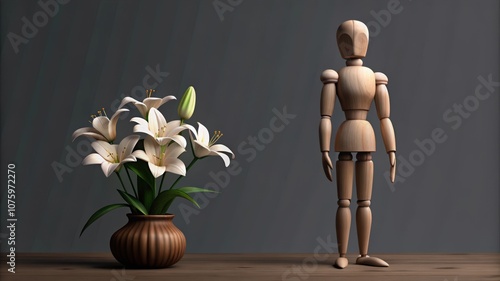 A Wooden Figurine and a Vase of White Lilies on a Tabletop