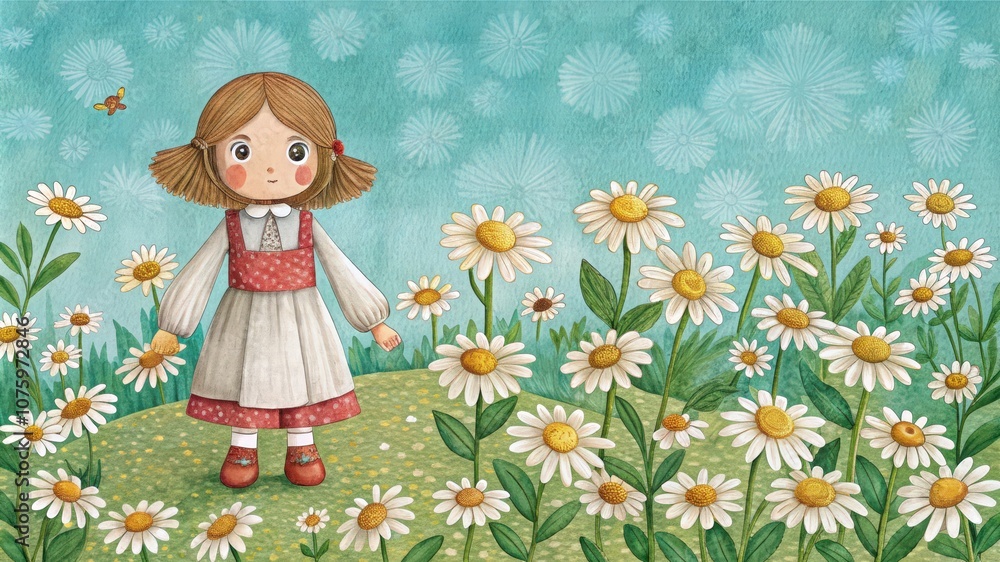 A Little Girl Stands in a Field of Daisies