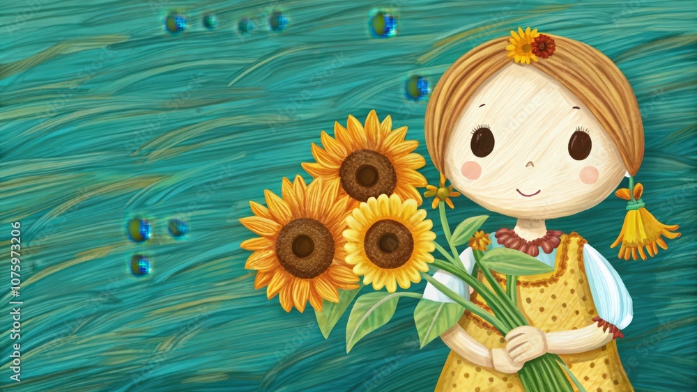 Naklejka premium A Girl in a Yellow Dress Holding a Bouquet of Sunflowers