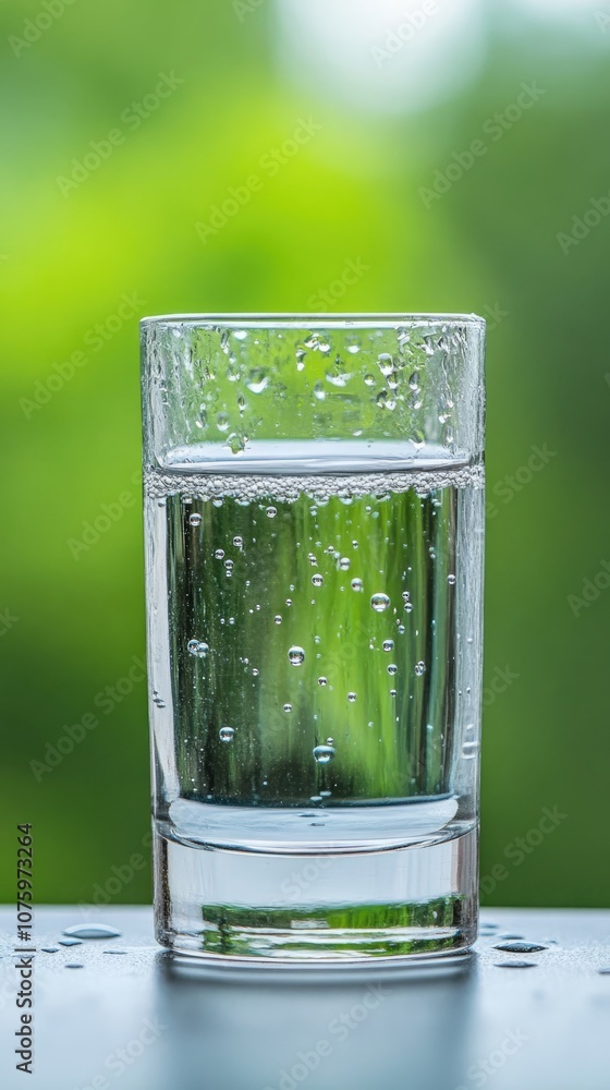 Refreshing Glass of Sparkling Water on a Bright Day Surrounded by Nature, Showcasing Bubbles and Crystal-Clear Clarity for Hydration Inspiration Refreshing Glass of Sparkling Water on a Bright Day Surrounded by Nature, Showcasing Bubbles and Crystal-Clear Clarity for Hydration Inspiration