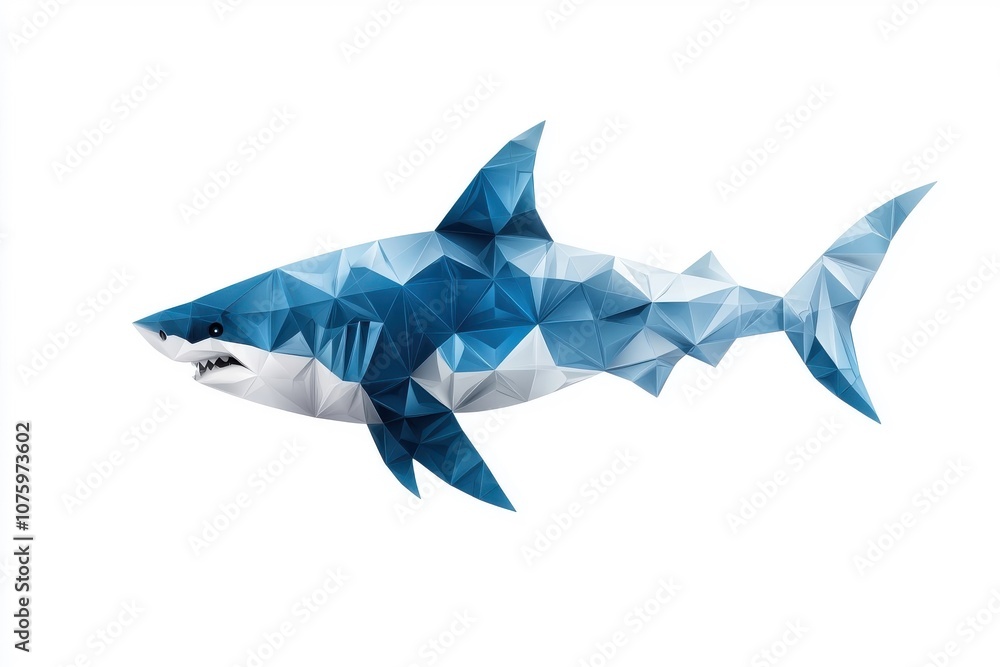 Fototapeta premium A low polygon style shark, isolate on white background, designed with geometric shapes and clean lines.