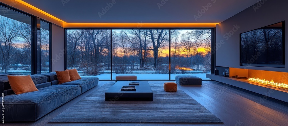 Modern Living Room with Breathtaking Sunset View Modern Living Room with Breathtaking Sunset View
