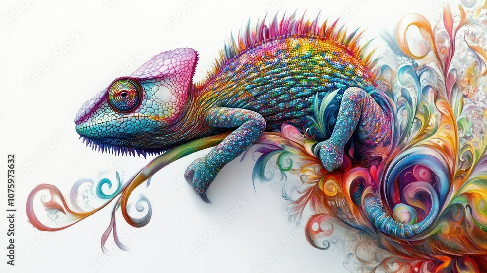 Fototapeta premium A Vibrant Chameleon Embracing Abstract Floral Swirls