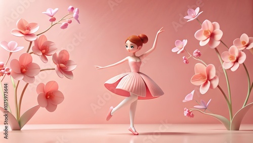 Ballet Dancer in a Pink Dress Surrounded by Flowers
