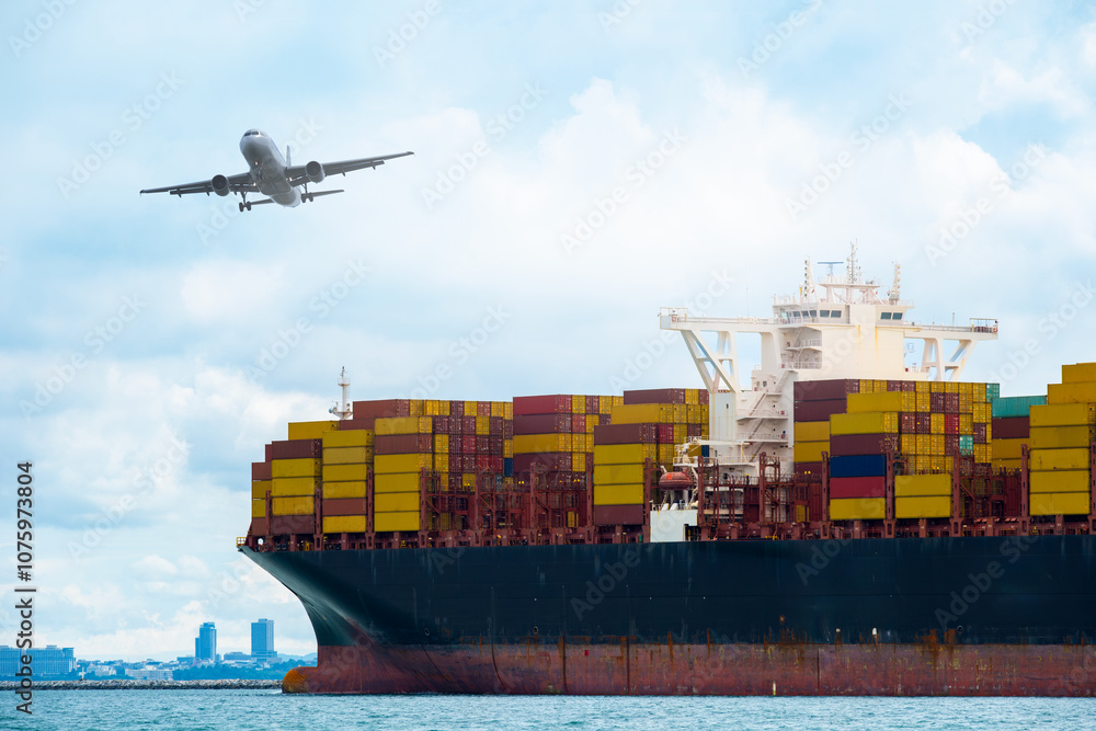 Fototapeta premium Aerial view of the freight shipping transport system cargo ship container. international transportation Export-import business, logistics, transportation industry concepts 
