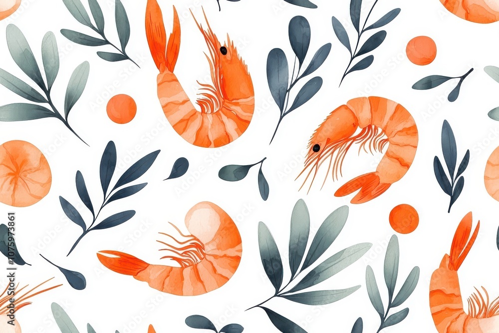 Watercolor seamless pattern of shrimp, isolate on white background.