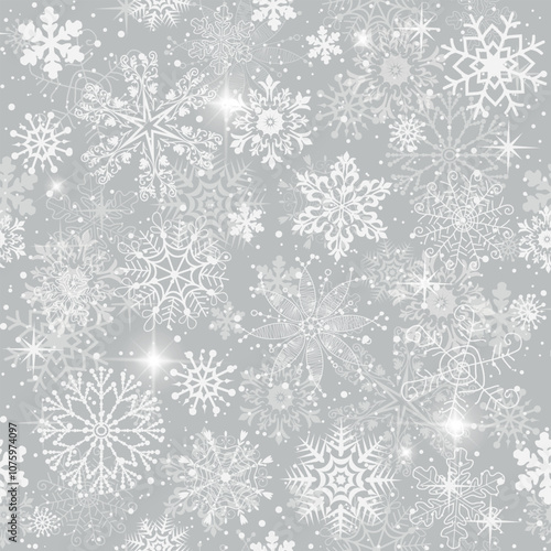 Vector hand drawn seamless winter pattern with lace doodle snowflakes on a gray background