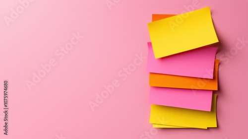 A vibrant stack of colorful sticky notes on a pink surface, perfect for organization and creativity.