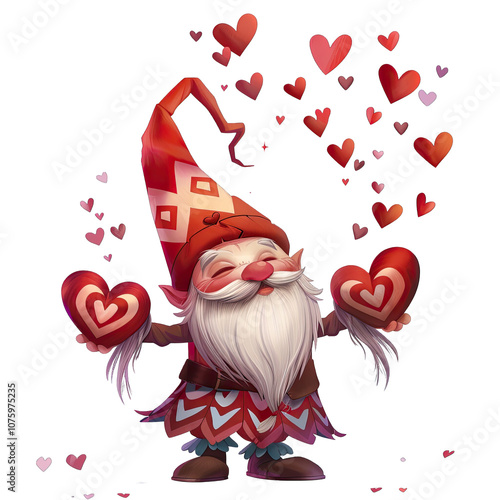 Valentine's Gnome Holding Heart Shapes with Floating Hearts