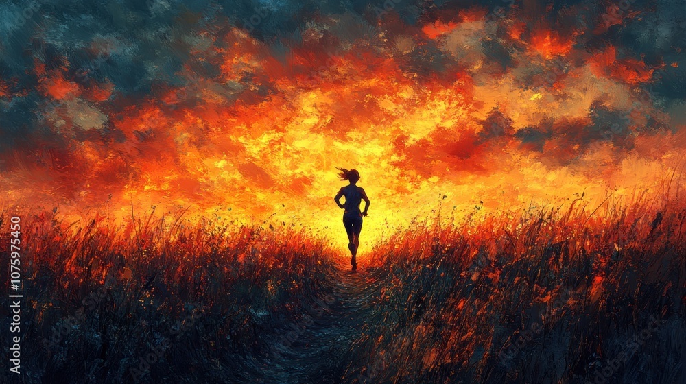 Fototapeta premium Silhouette of a Runner Against a Fiery Sunset