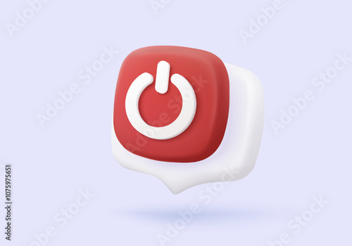 3d power start button icon on speech bubble. web push-button power on and off, fail on application, correct, tick, problem. 3d emergency switch icon vector render illustration