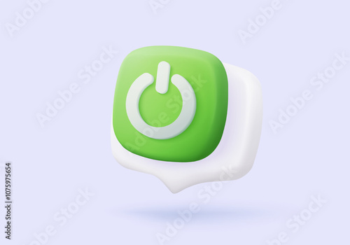 3d power start button icon on speech bubble. web push-button power on and off, fail on application, correct, tick, problem. 3d emergency switch icon vector render illustration