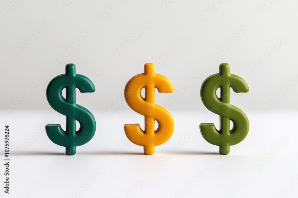 Three colorful dollar signs in green, yellow, and dark green represent financial concepts, wealth, and currency, isolated on a white background. Three colorful dollar signs in green, yellow, and dark green represent financial concepts, wealth, and currency, isolated on a white background.