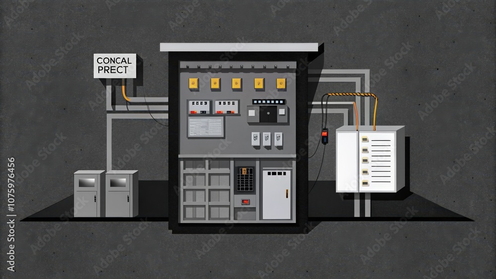 A gray wall with electrical boxes and wiring. A gray wall with electrical boxes and wiring.