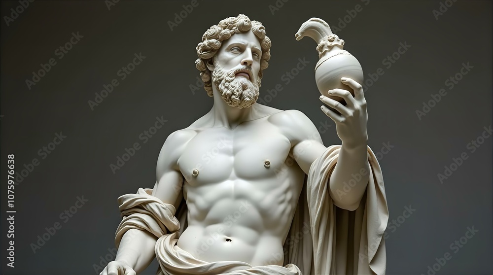 A close-up of a classical marble statue, likely depicting a Greco-Roman god, exudes power and timeless beauty A close-up of a classical marble statue, likely depicting a Greco-Roman god, exudes power and timeless beauty