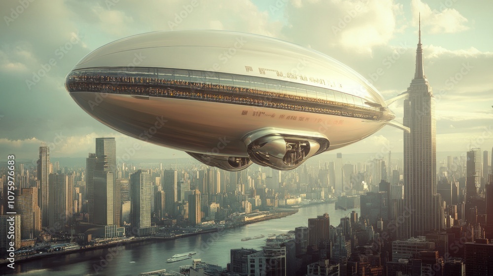 Futuristic Airship Hovering Over a Cityscape with a Tall Skyscraper Futuristic Airship Hovering Over a Cityscape with a Tall Skyscraper