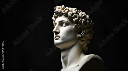 A striking plaster cast bust of a classical male figure, possibly Apollo or Antinous, set against a dramatic black backdrop photo