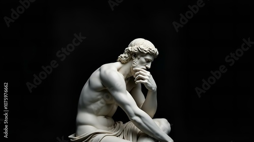 A stark, dramatic studio shot of a white marble statue of a thinking man, reminiscent of Rodin's 