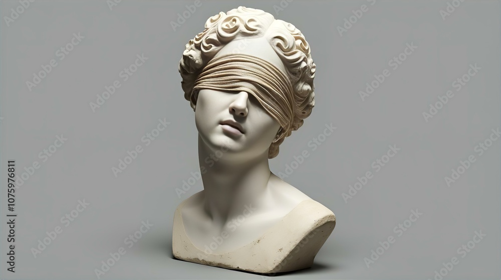 Close-up of a white marble statue of Lady Justice, blindfolded and serene, against a neutral gray background Close-up of a white marble statue of Lady Justice, blindfolded and serene, against a neutral gray background