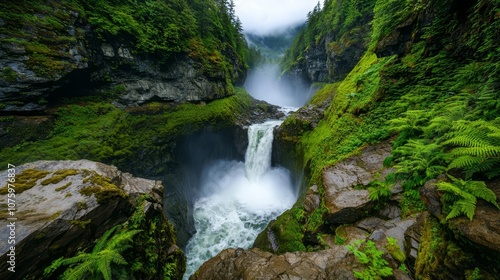 A breathtaking view of a lush green valley featuring a majestic waterfall cascading into a tranquil pool, surrounded by towering trees and mist.