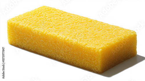 A dense, yellow sponge, ideal for cleaning and absorbing liquids, characterized by its rectangular shape and porous texture.