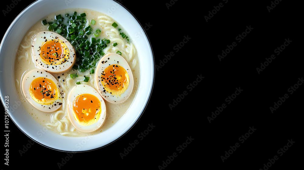 A bowl of creamy ramen topped with sliced soft-boiled eggs, green onions, and sesame seeds on a contrasting dark background. A bowl of creamy ramen topped with sliced soft-boiled eggs, green onions, and sesame seeds on a contrasting dark background.