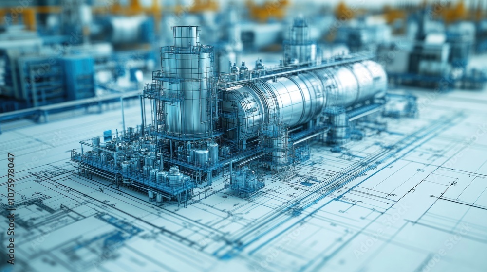 Industrial machinery model on a blueprint background. Industrial machinery model on a blueprint background.