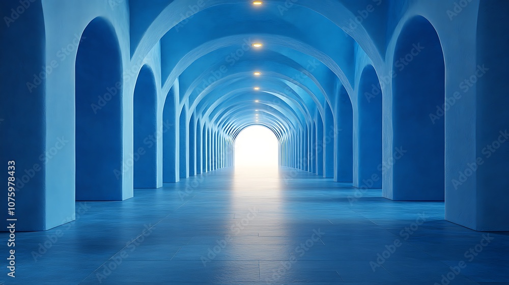 A long, blue hallway with a bright light at the end. A long, blue hallway with a bright light at the end.