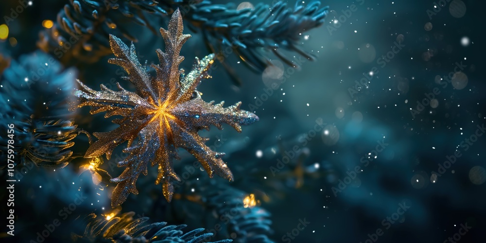 Fototapeta premium Detailed close-up of a Christmas tree topper star. Holiday magic, festive celebrations, the spirit of Christmas,hope, joy,warmth, togetherness, family traditions, winter holiday